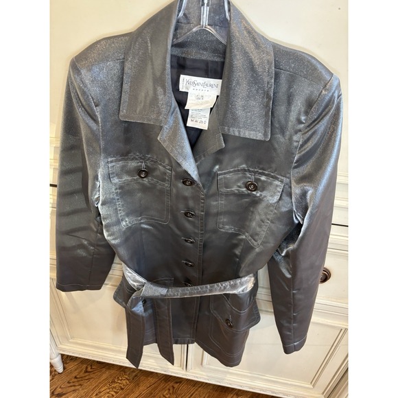 Yves Saint Laurent Metallic Silver Belted Blazer‎ Jacket Size 6 Made In France